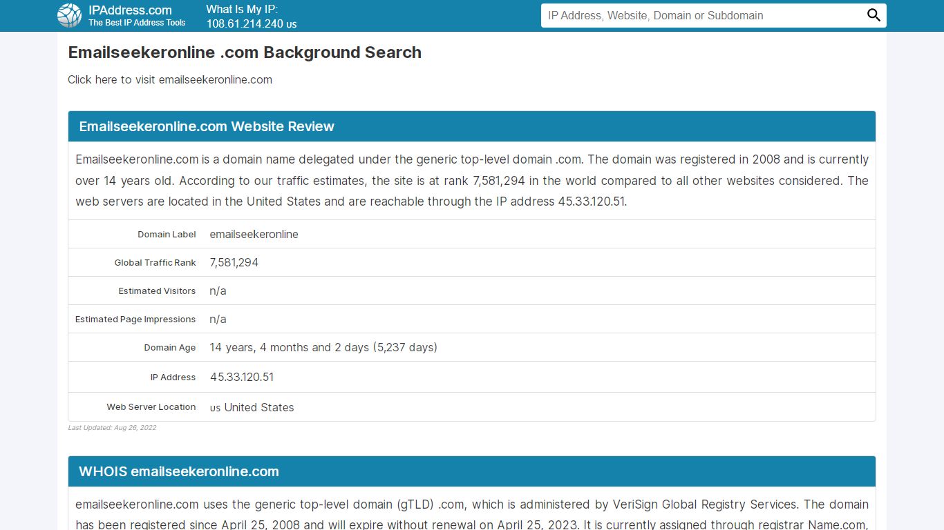 Emailseekeronline .com Background Search - IP Address